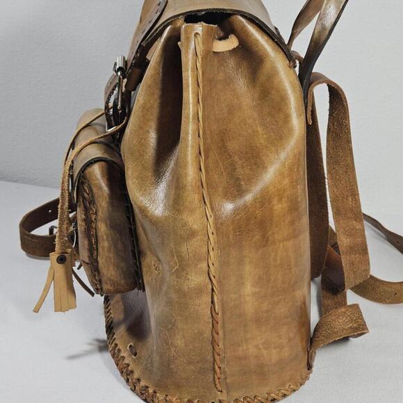 Vintage Handmade In Mexico Sturdy Brown Leather Backpack Cinch & Buckle - Picture 6 of 14